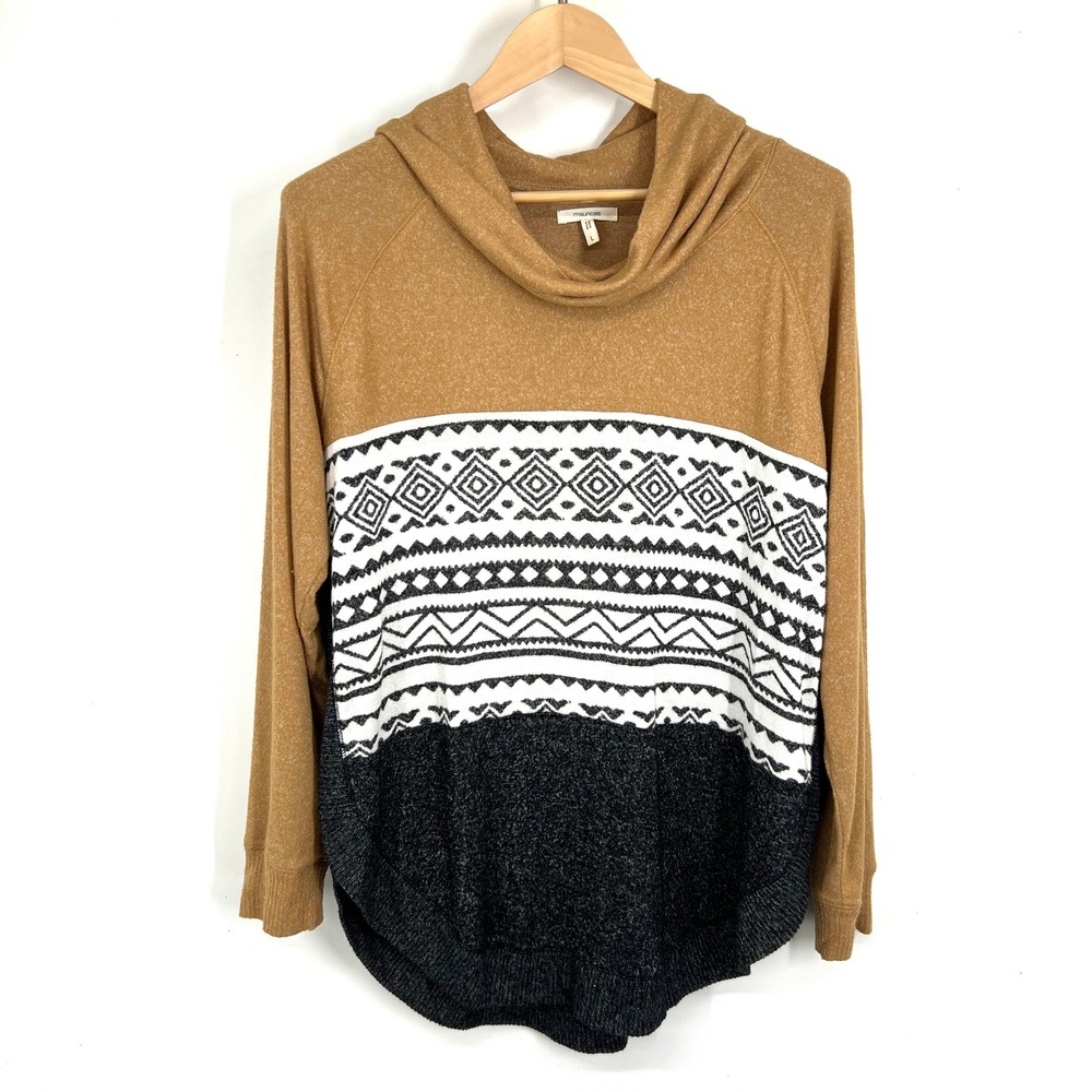 Maurices Womens Large Cowl Neck Hoodie Colorblock Geometric Fair Isle Top Tan